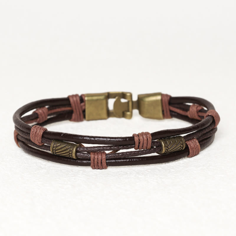 Vintage Leather Wrist Band Brown Rope Layered Bracelet Bangle