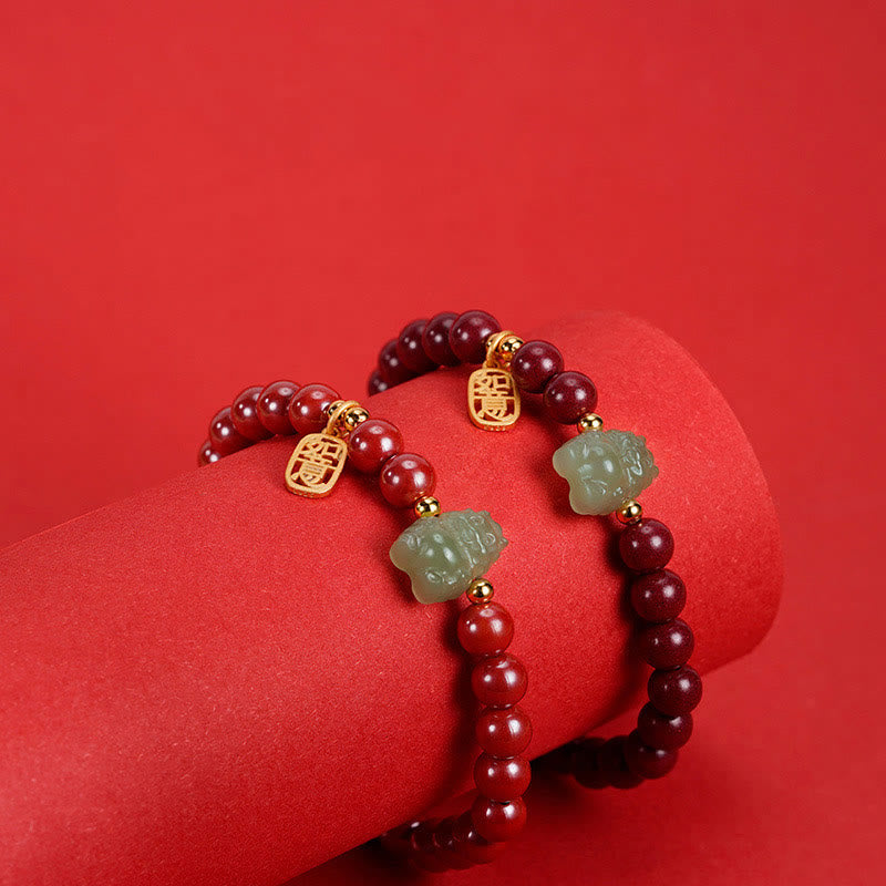925 Sterling Silver Year of the Dragon Natural Cinnabar Hetian Jade Dragon Fu Character Ruyi As One Wishes Charm Blessing Bracelet
