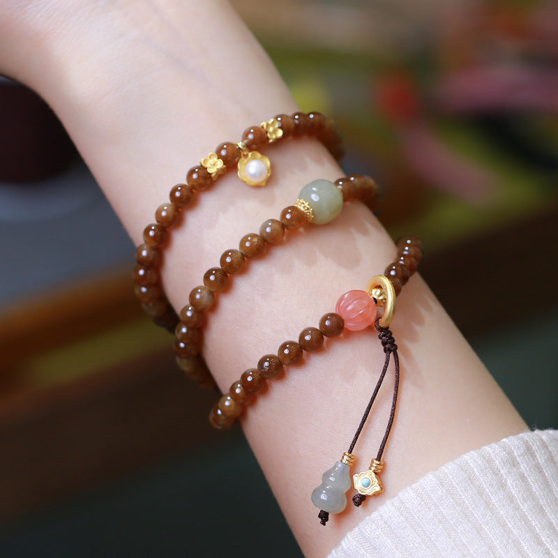Natural Jade Pearl and Red Agate Butterfly Wu Lou Gourd Beaded Bracelet Necklace