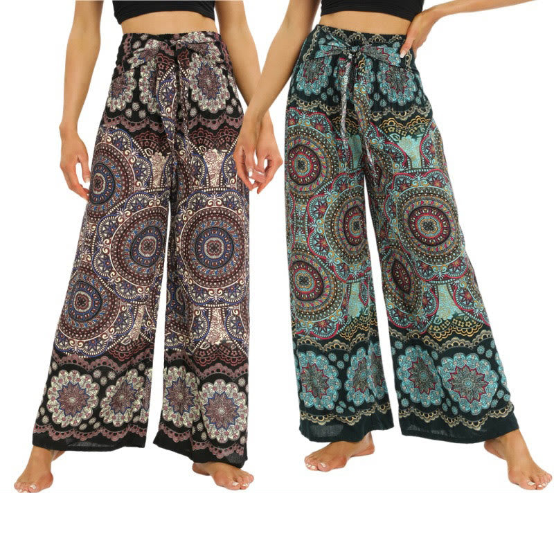 Boho Mandala Print Lace-up Wide Leg Pants Women's Yoga Pants