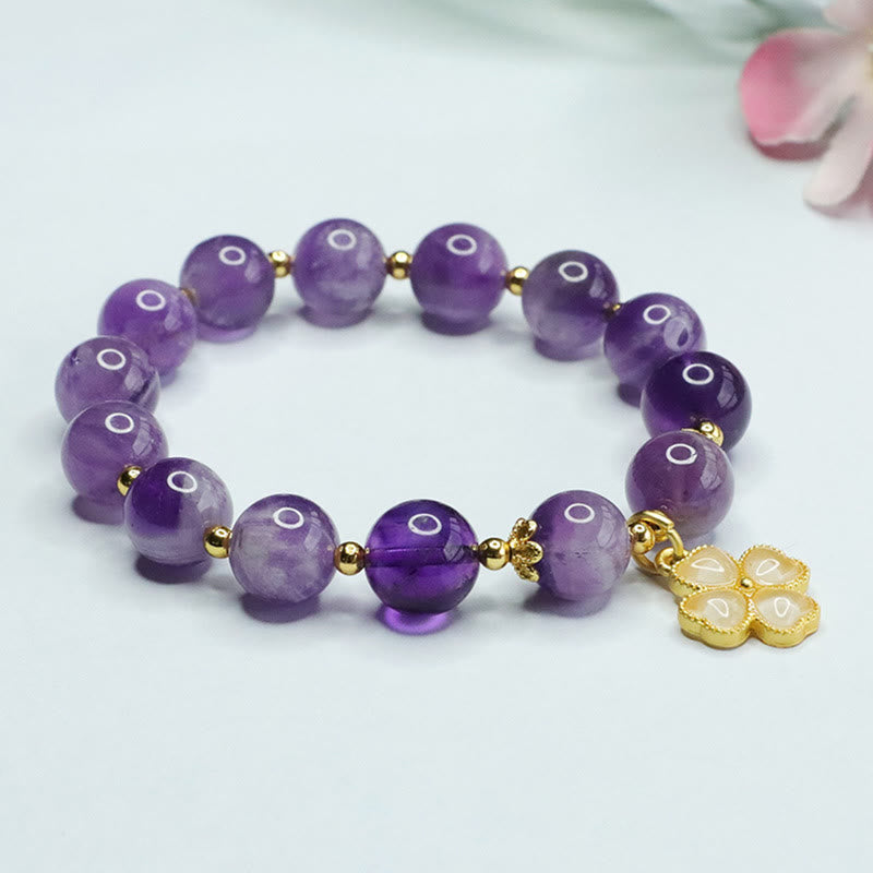 Natural Amethyst Crystal Inner Peace Four Leaf Clover Charm Bracelet