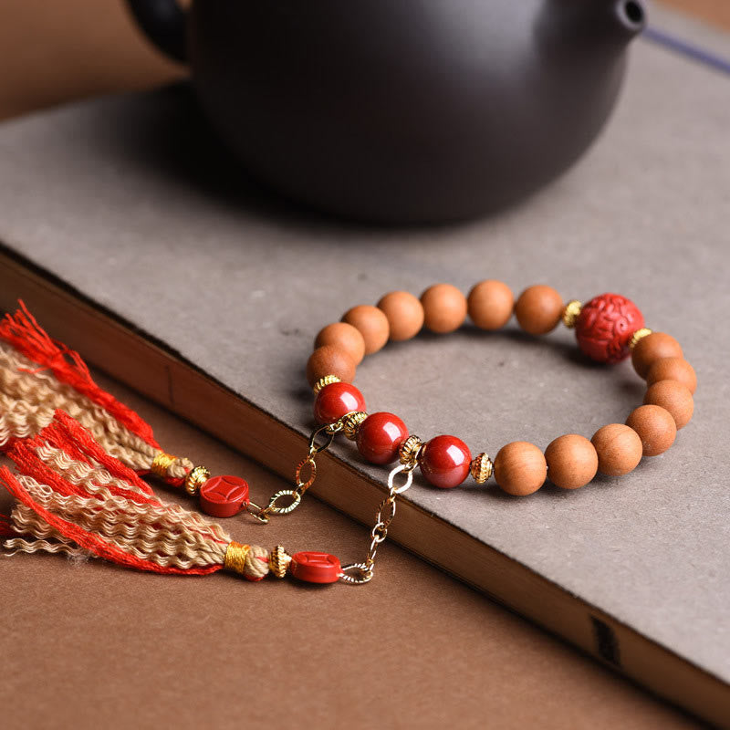 Tibetan Natural Peach Wood and Cinnabar Pixiu Tassel Bracelet