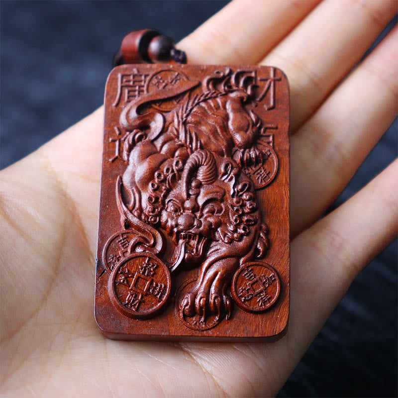 Natural Lightning Struck Jujube Wood PiXiu Copper Coin Good Fortune Necklace Pendant