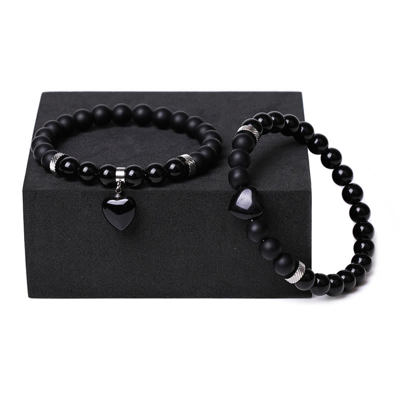 2Pcs Black Onyx Crystal Stone Love Heart Protection Support Couple Bracelet
