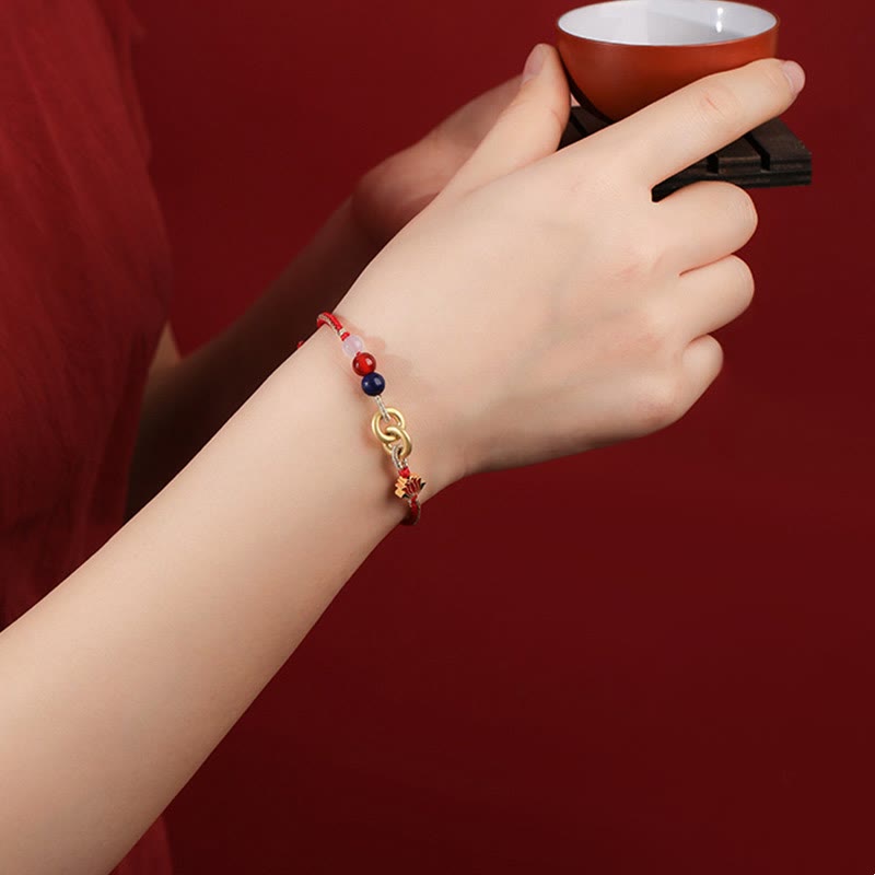 925 Sterling Silver Double Ping An Kou Lotus Jade Red String Bracelet