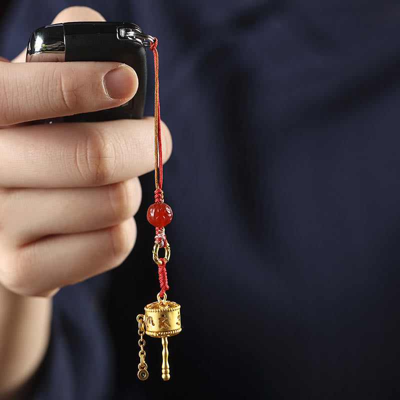 Tibetan Copper Om Mani Padme Hum Prayer Wheel & Red Agate Phone Charm