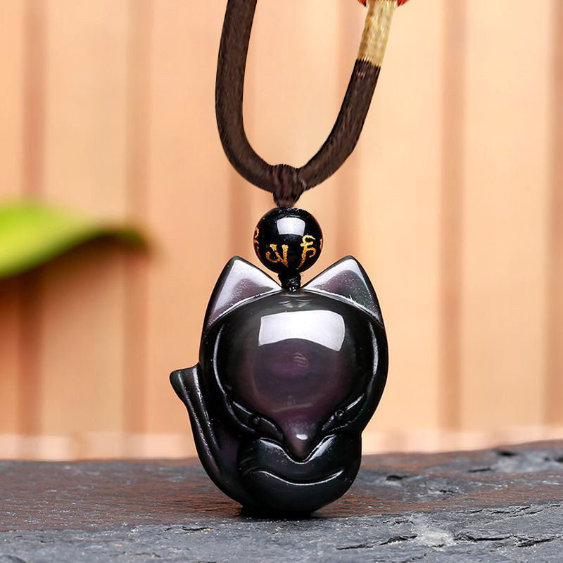 Natural Rainbow Obsidian Gold Sheen Obsidian Nine Tailed Fox Positive Necklace Pendant