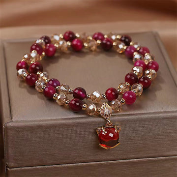 Red Tiger Eye Fox Charm Double Wrap Beaded Bracelet