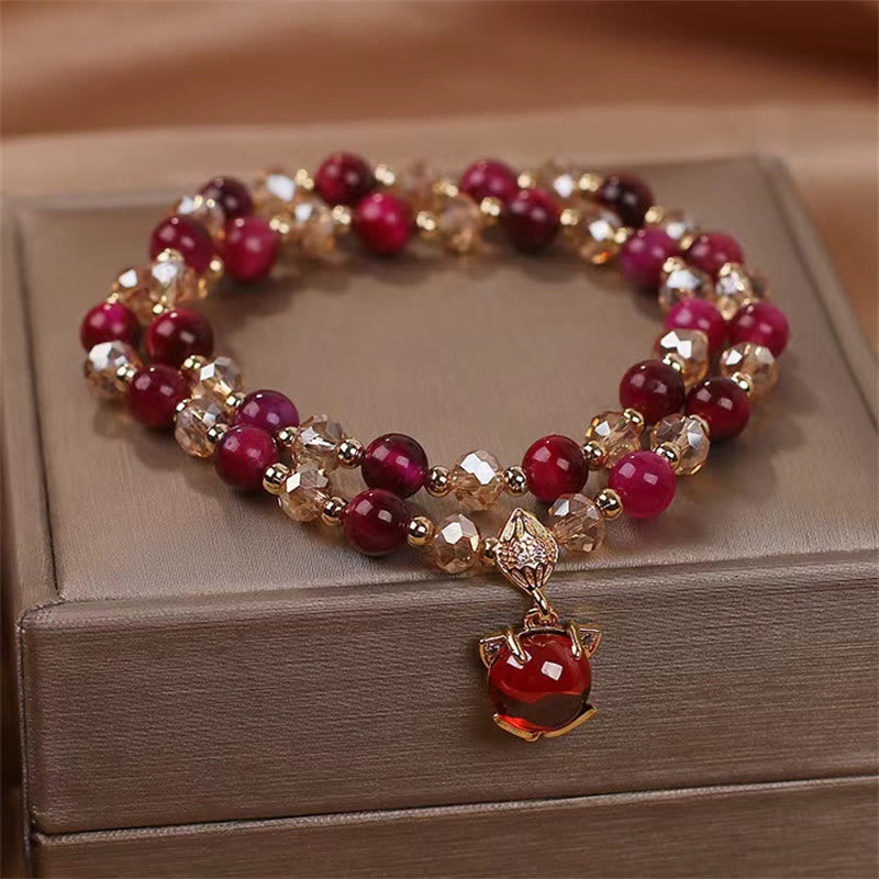 Red Tiger Eye Fox Charm Double Wrap Beaded Bracelet