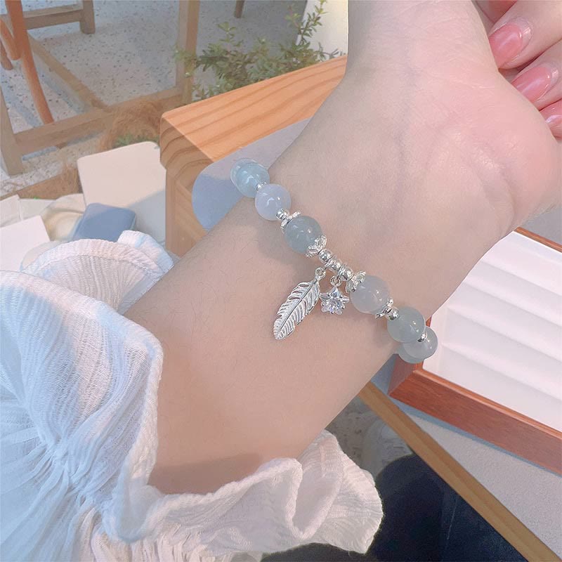 925 Sterling Silver Aquamarine Cat's Eye Healing Feather Star Charm Bracelet