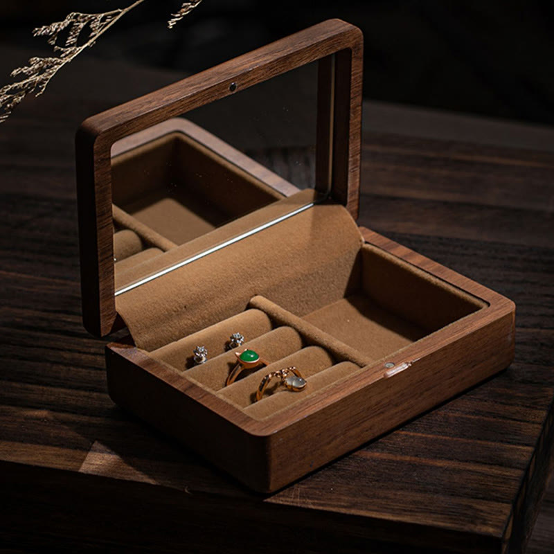 Vintage Handmade Black Walnut Wood Jewelry Storage Box With Mirror