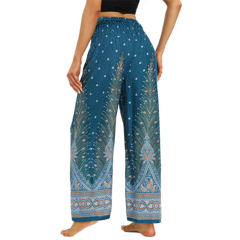 Boho Peacock Feathers Lace-up Wide Leg Pants Women's Yoga Pants