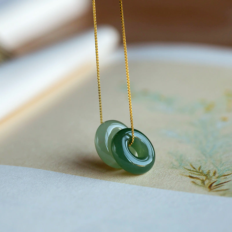 Natural Round Jade Ping An Kou 925 Sterling Silver Gold Plated Pendant Necklace