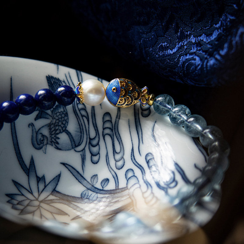 Natural Aquamarine Lazurite Fish Healing Bracelet