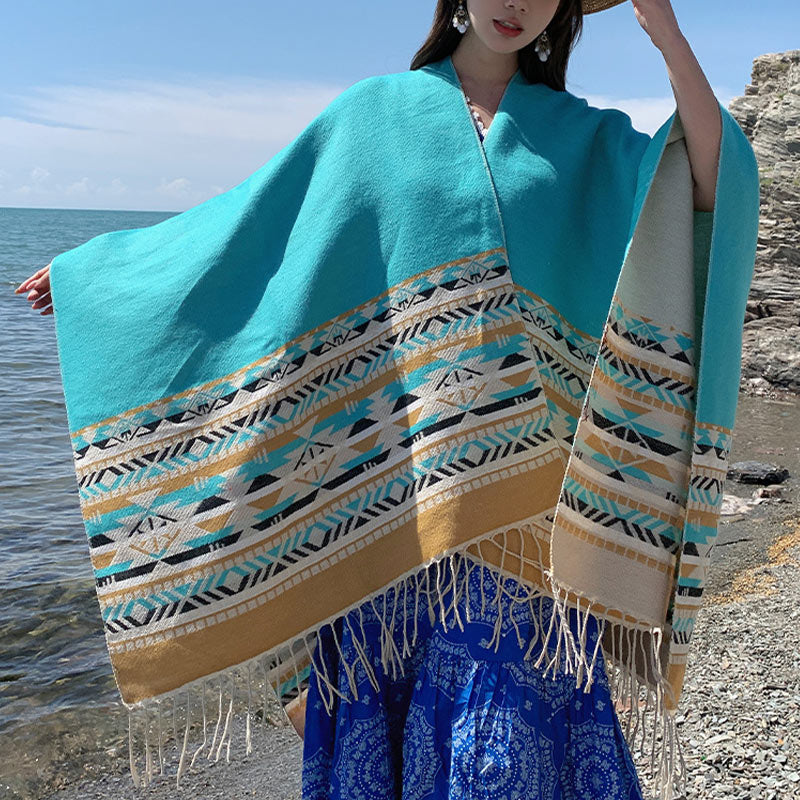 Tibetan Shawl Colorful Geometry Winter Cozy Travel Scarf Wrap