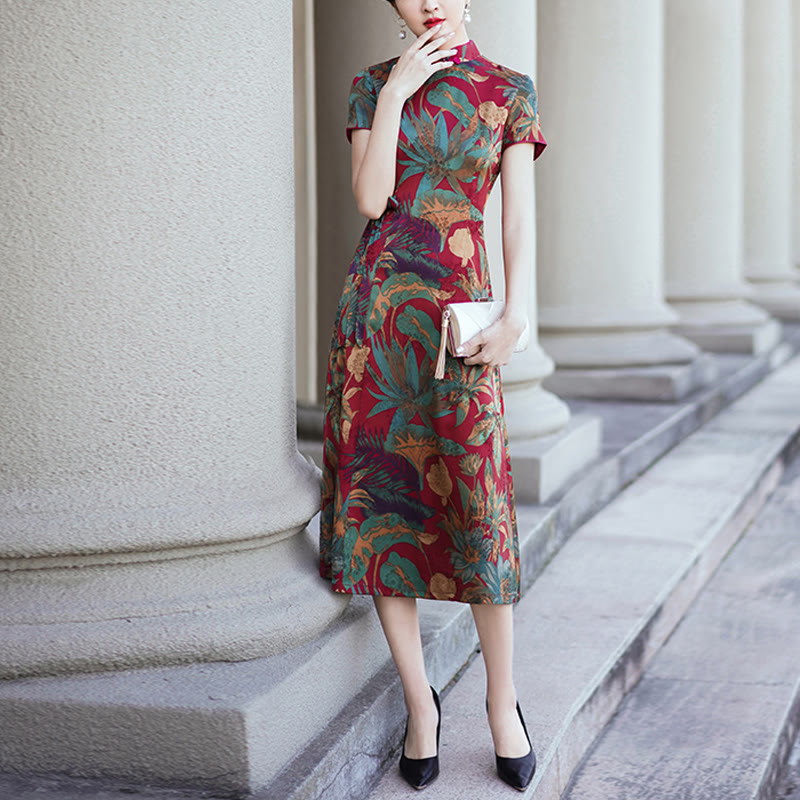 Silk Qipao Dress Retro Flower Leaf Pattern Women's Cheongsam Dress