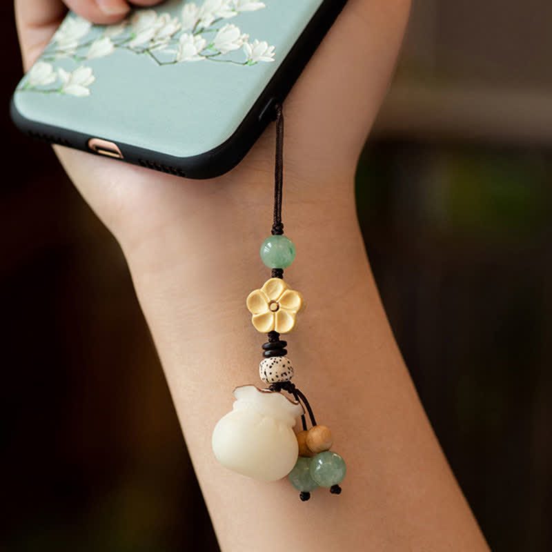 Handmade Bodhi Seed, Aventurine & Boxwood Money Bag Botanical Keychain