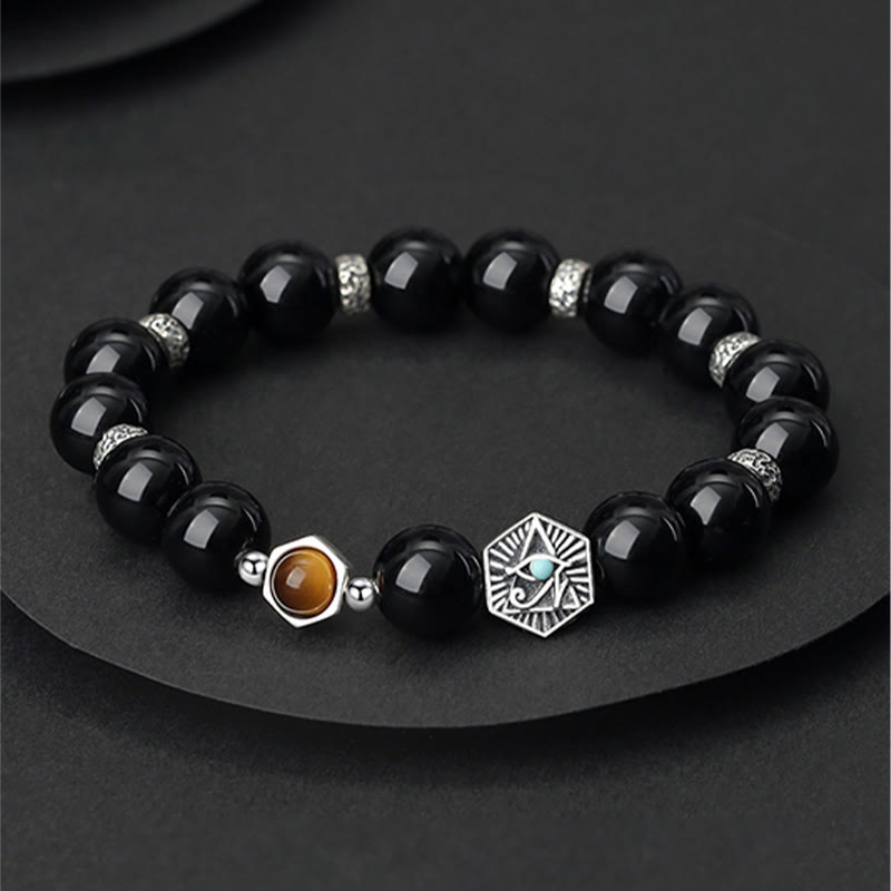 925 Sterling Silver Black Obsidian Tiger Eye Eye of Providence Purification Bracelet