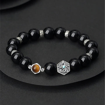 925 Sterling Silver Black Obsidian Tiger Eye Eye of Providence Purification Bracelet