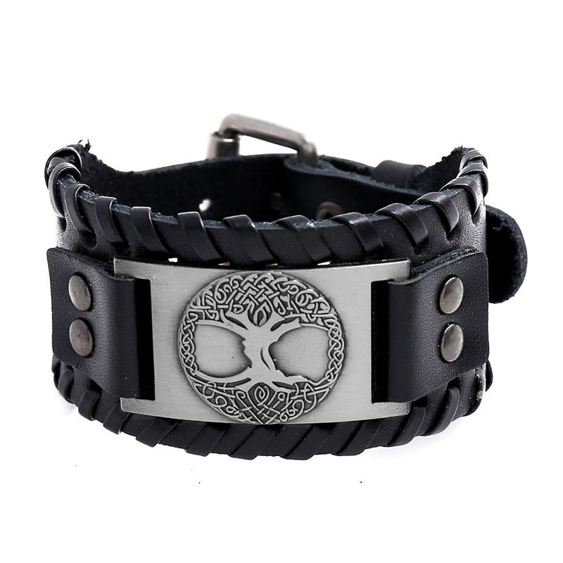 Handmade Tree of Life Copper Wide Leather Cuff Bracelet for Men and Women