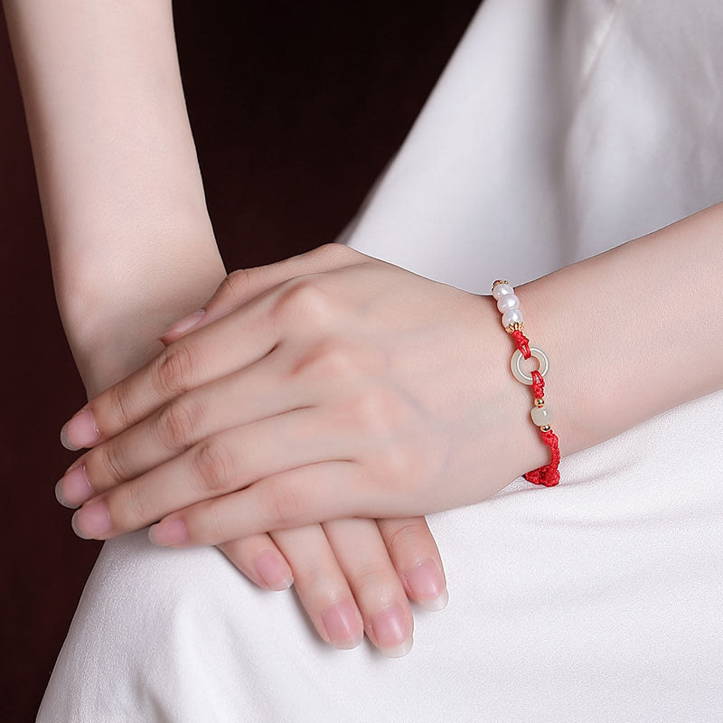 Hetian Jade Ping An Kou Pearl 925 Sterling Silver Gold Plated Red String Bracelet