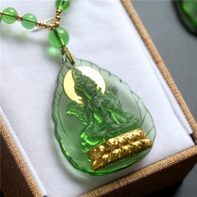 Tibetan Gold Plated Liuli Crystal Green Tara Buddha Pendant Necklace