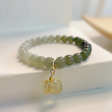 Natural Hetian Jade Beaded Bracelet with Symbolic Money Bag Charm