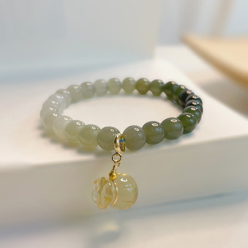 Natural Hetian Jade Beaded Bracelet with Symbolic Money Bag Charm