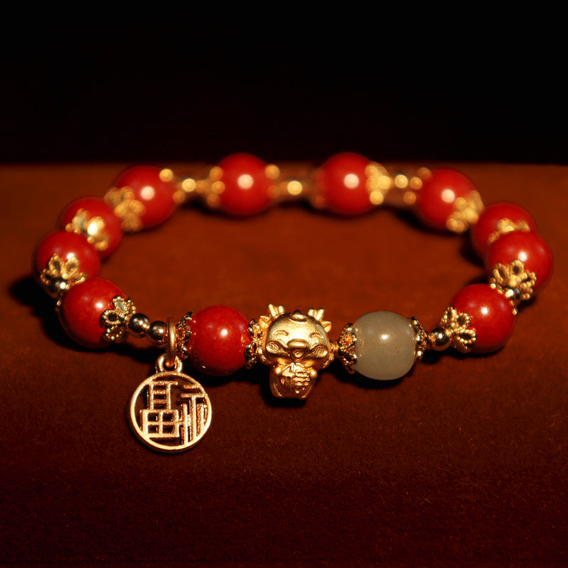 Year of the Dragon Natural Cinnabar Fu Character Charm Blessing Bracelet