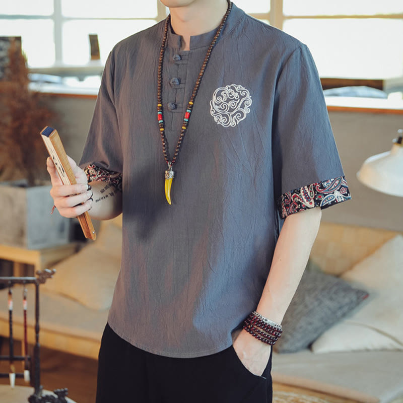 Frog-Button Dragon Embroidery Chinese Tang Suit Short Sleeve Shirt Linen Men Clothing