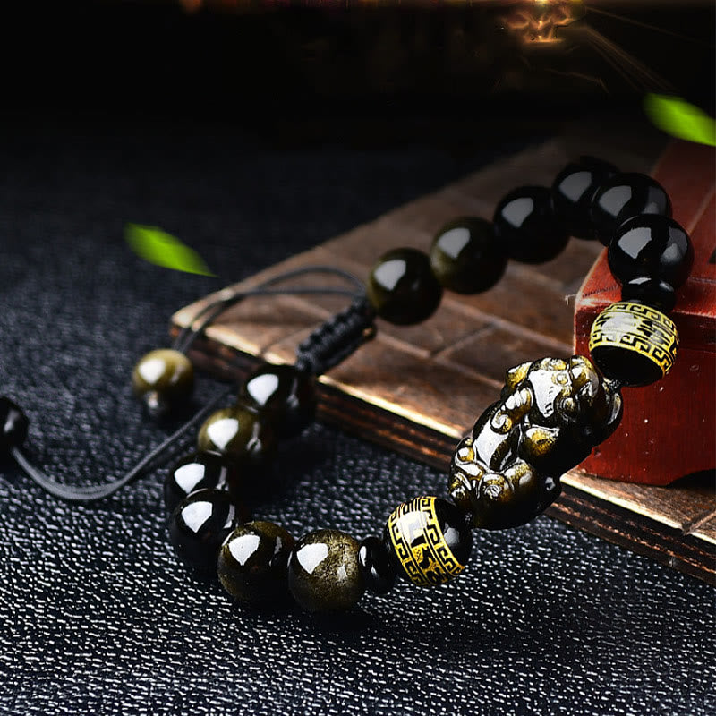 Natural Gold Sheen Obsidian Pixiu Om Mani Padme Hum Braided Bracelet