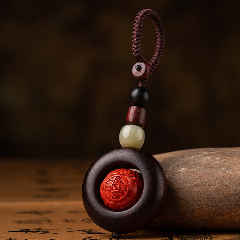 Red Sandalwood & Jade Cinnabar Keychain with Om Mani Padme Hum, Pixiu, or Copper Coin