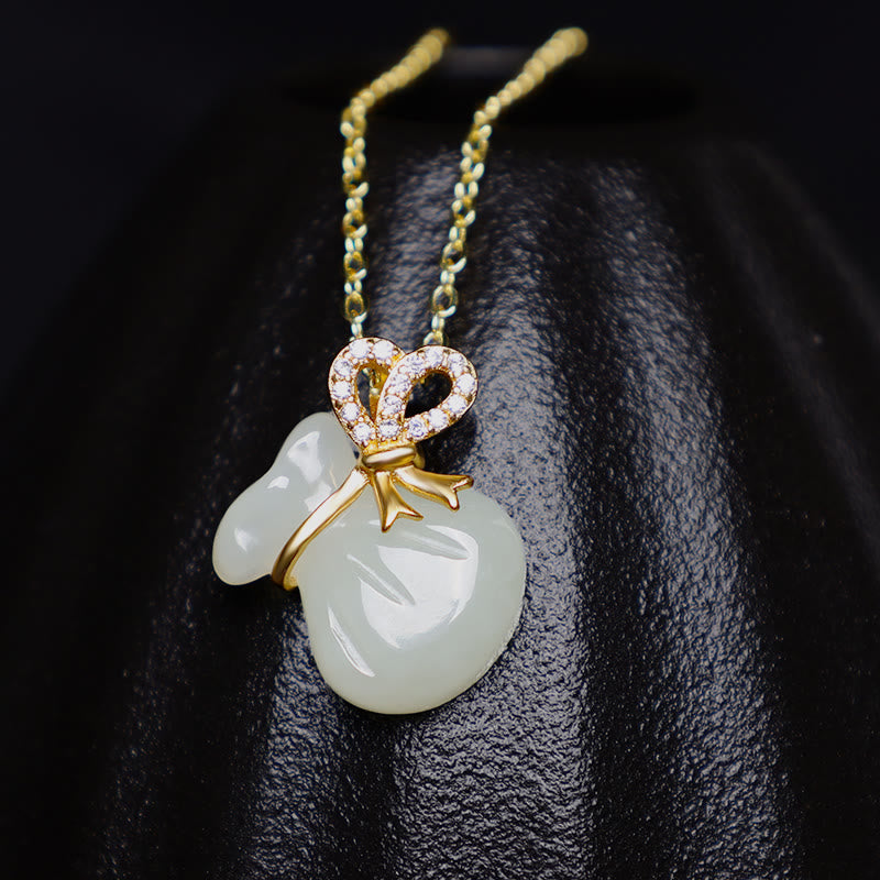 Natural Hetian White Jade Luck Money Bag Necklace Pendant