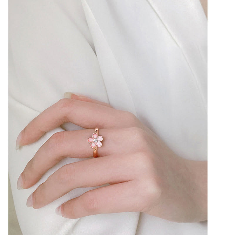 925 Sterling Silver Cherry Blossom Blessing Chain Bracelet Rotatable Ring