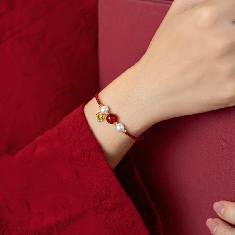 925 Sterling Silver Fu Prosperity Charm Agate Pearl Red String Braided Bracelet