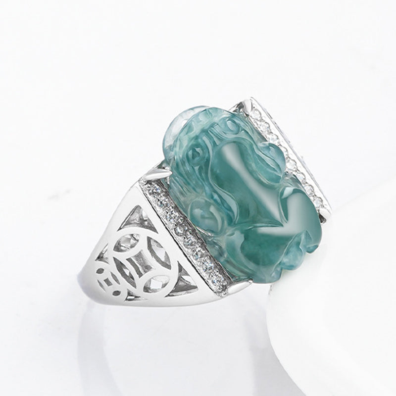 925 Sterling Silver Fengshui Wealth Prosperity Jade PiXiu Luck Ring