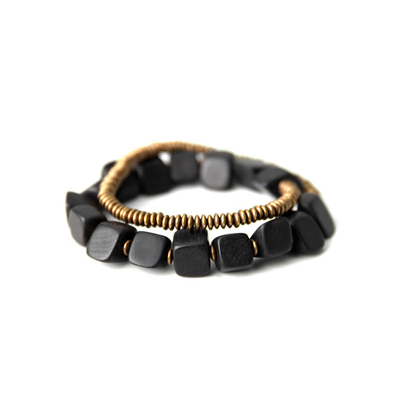 Tibetan Peace Double Wrap Bracelet: Ebony Wood, Copper & Brass