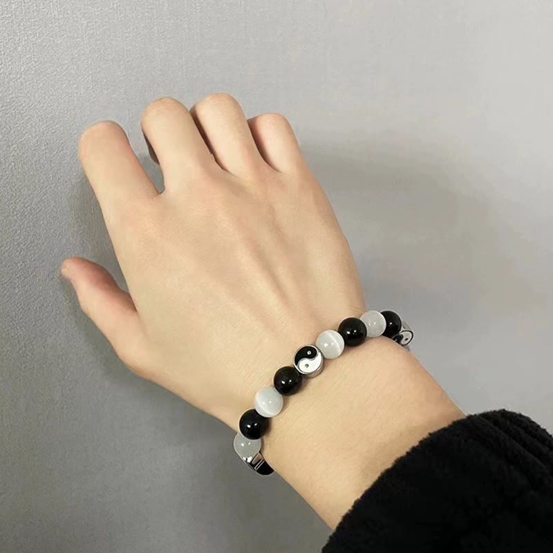 Black Obsidian Cat's Eye Yin Yang Bracelet for Energetic Balance and Inner Fortitude