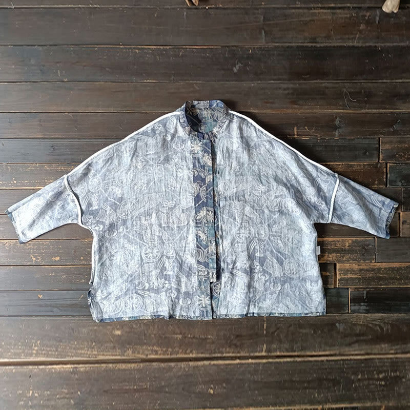 Birds Flowers Geometry Frog-Button Long Sleeve Ramie Linen Jacket Shirt