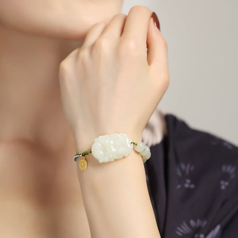 Handcrafted 925 Sterling Silver Chinese Zodiac Hetian Jade Red String Bracelet