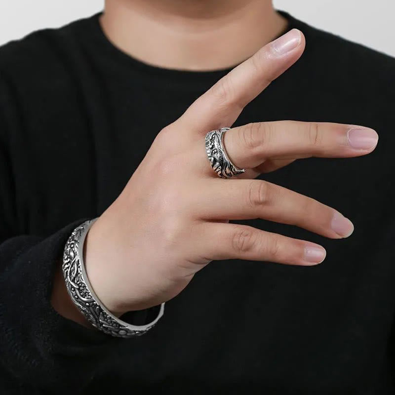 Guan Gong Auspicious Clouds Engraved Copper Adjustable Ring