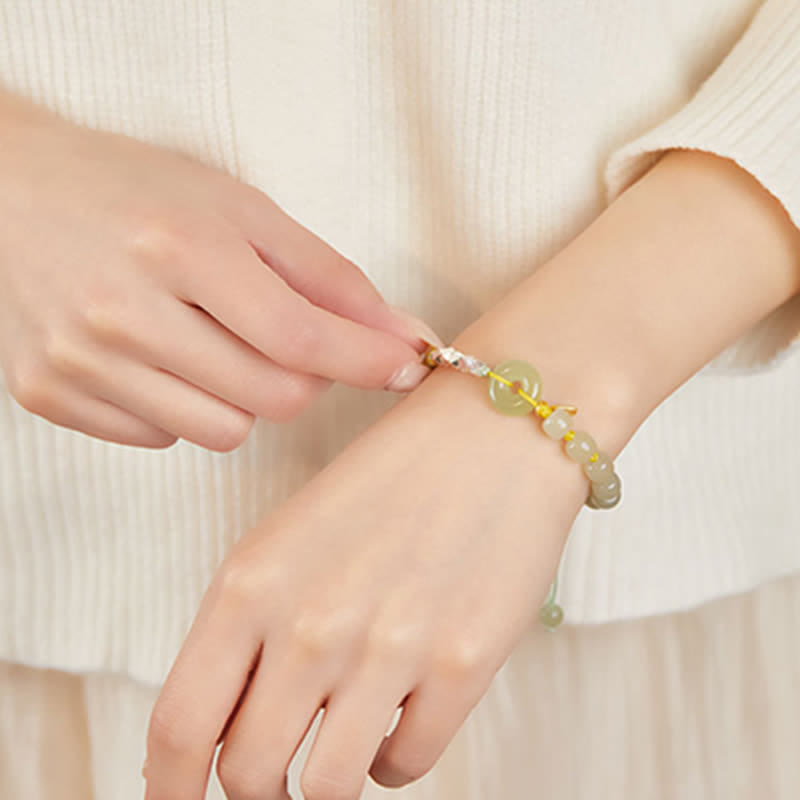 Hand-Woven Hetian Jade Ping An Kou Gold Plated Sterling Silver Beaded Bracelet
