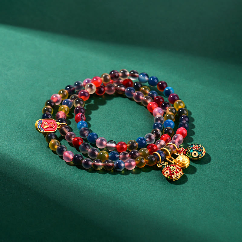 Colorful Candy Agate Gold Swallowing Beast Family Strength Charm Triple Wrap Bracelet