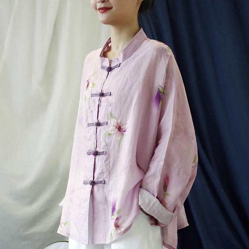 Pink Flower Print Frog-button Design Batwing Long Sleeve Ramie Linen Jacket Shirt