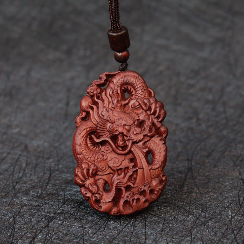 Lightning Struck Jujube Wood Double Dragon Relief Ward Off Evil Spirits Necklace Pendant
