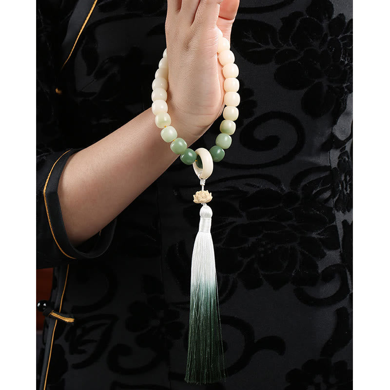 Handmade Gradient Bodhi Seed Agate & Green Aventurine Lotus Charm Wrist Mala