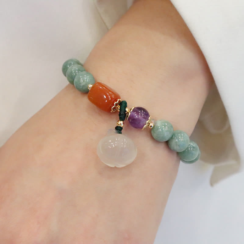 Cyan Jade, Golden Silk Jade & Amethyst Crystal Bracelet with Chalcedony & Energetic Styles