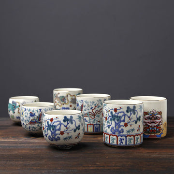 Vintage Plum Blossom Pine Bamboo Phoenix Kirin Lion Dancing Ceramic Teacup Tea Cups