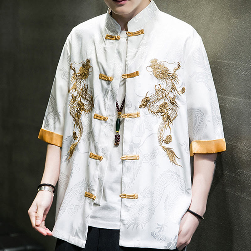 Frog-Button Chinese Dragon Embroidery Half Sleeve Shirt Linen Men Clothing