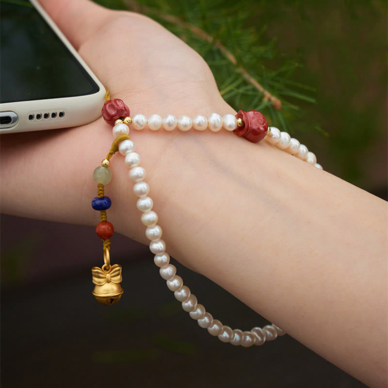 Natural Pearl Cinnabar Money Bag Bell Gold Swallowing Beast Dancing Lion Healing Phone Hanging Decoration